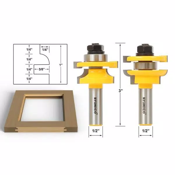 Yonico 2-Piece Rail & Stile Round Over Router Bit Set, 1/2 in. Shank, Carbide Tipped
