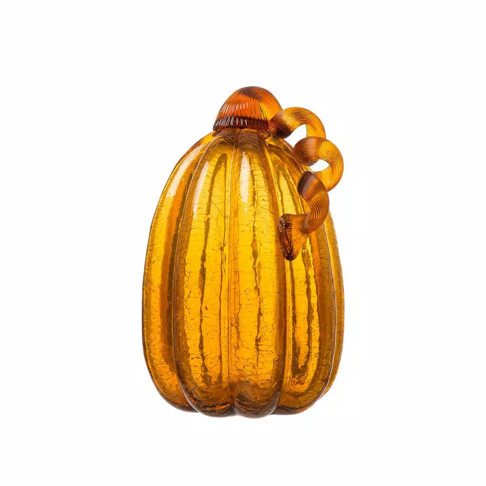 Glitzhome Amber Crackle Glass Pumpkin Set of 2, Handmade Indoor Tabletop Decor