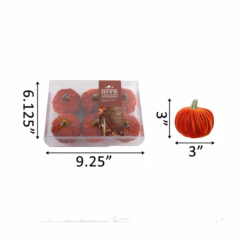 Flora Bunda 3 in. Fall Harvest Orange Velvet Pumpkins Set of 6 - Indoor Tabletop Decor