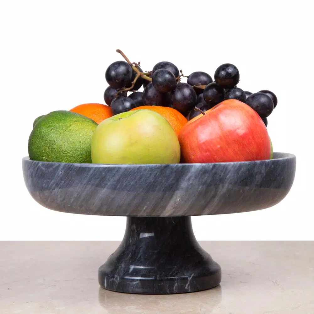 Creative Home Natural Black Marble Fruit Bowl on Pedestal, 10-inch Round Footed Centerpiece