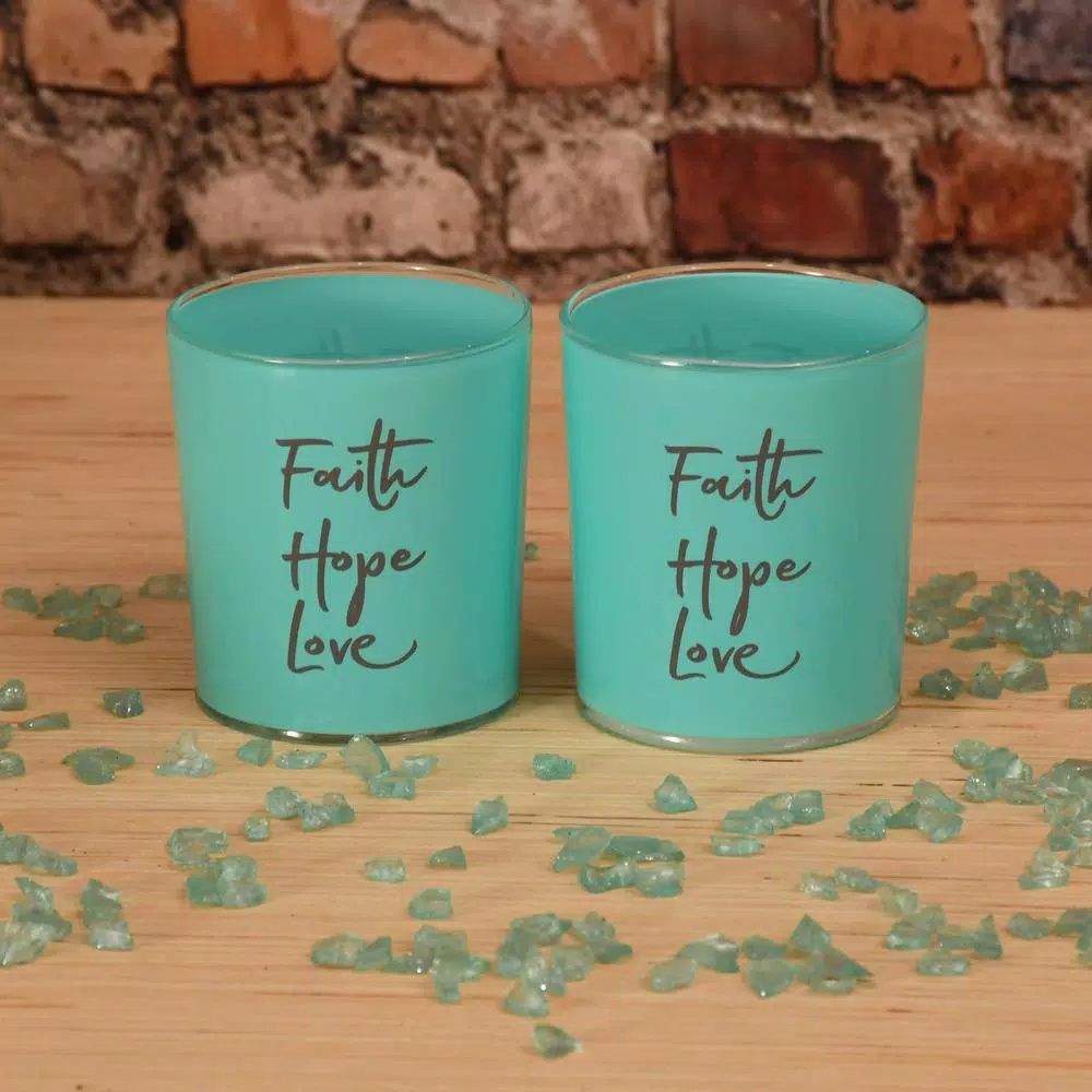 LUMABASE Faith Hope Love Teal Glass LED Battery Operated Candles - Set of 2