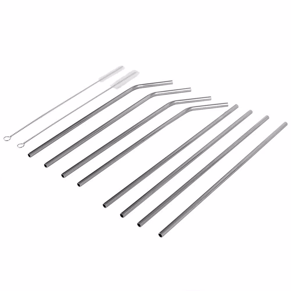 Unbranded Silver Reusable Stainless Steel Drinking Straw Set - 8 Piece Set with Cleaning Brushes
