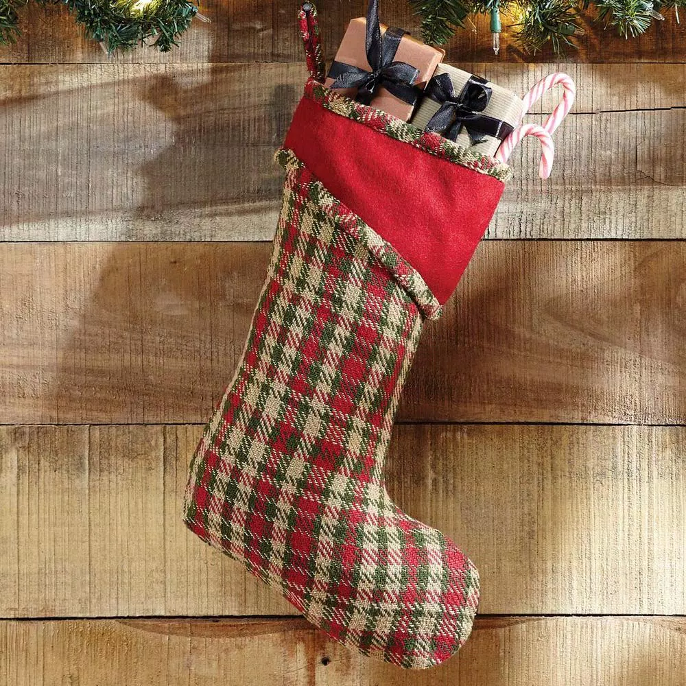 VHC Brands 15 in. Claren Cherry Red Plaid Cotton Christmas Stocking with Gold Metallic Thread