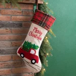 Glitzhome 21 in. Embroidered Linen Christmas Stocking - Red Truck, Tree & Plaid Design thumbnail 7