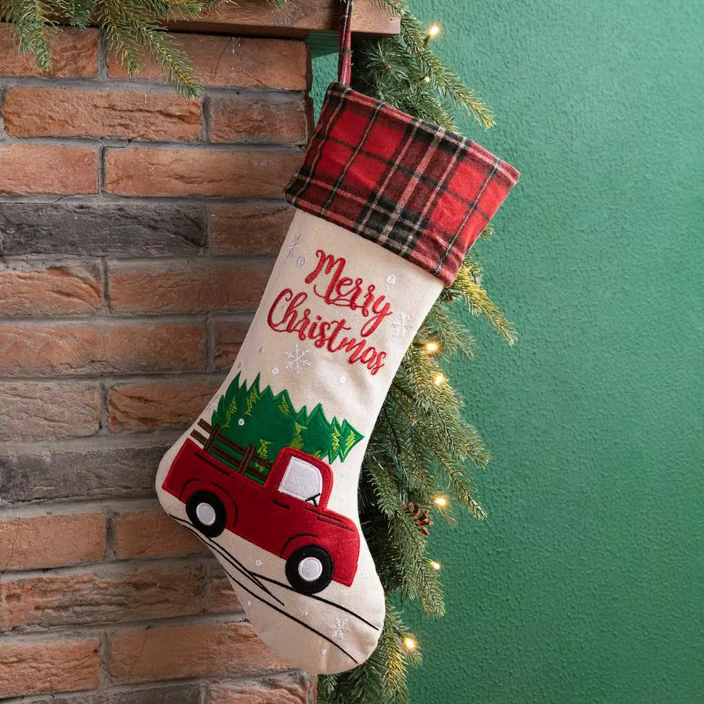 Glitzhome 21 in. Embroidered Linen Christmas Stocking - Red Truck, Tree & Plaid Design
