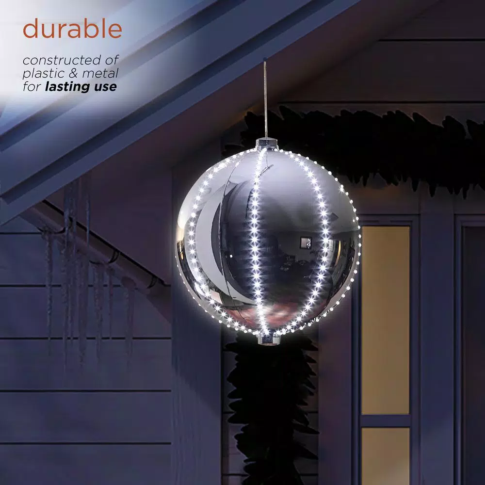 Alpine Corporation 13 in. Large Silver Hanging Christmas Ball Ornament with 240 LED Lights