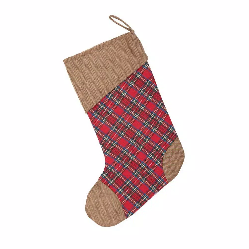 VHC Brands 15 in. Gavin Cherry Red Plaid Cotton Christmas Stocking with Herringbone Felt Accents