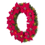 Home Accents Holiday 30 in. Berry Bliss Pre-Lit LED Artificial Christmas Wreath with Red Poinsettias thumbnail 4