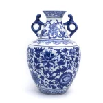 Unbranded Blue Garden White Lotus 2-Handle Porcelain Amphora Vase, Blue and White Floral Design thumbnail 1