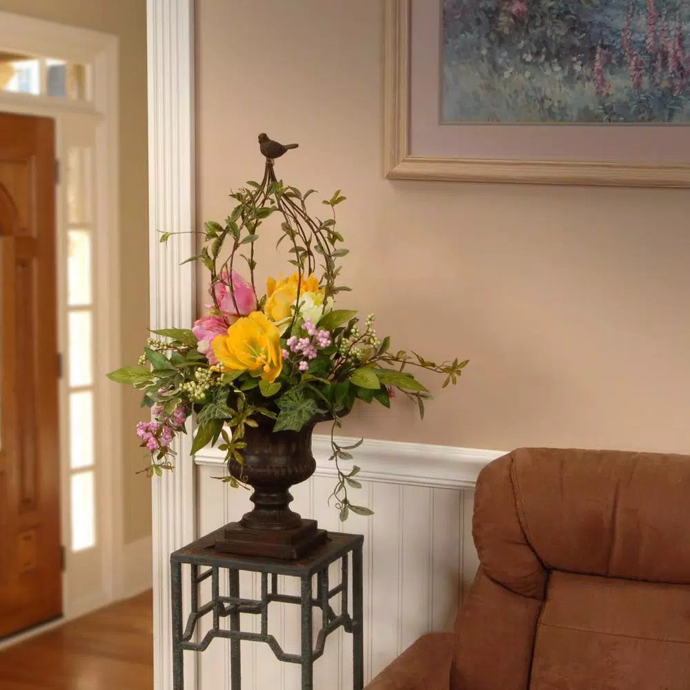 National Tree Company 25 in. Spring Floral Birdcage Topiary with Decorative Urn Base