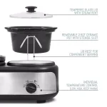 Elite Platinum 7.5 Qt. Triple Slow Cooker Buffet with 3 Stoneware Crocks and Lid Rests, Black Stainless Steel thumbnail 2