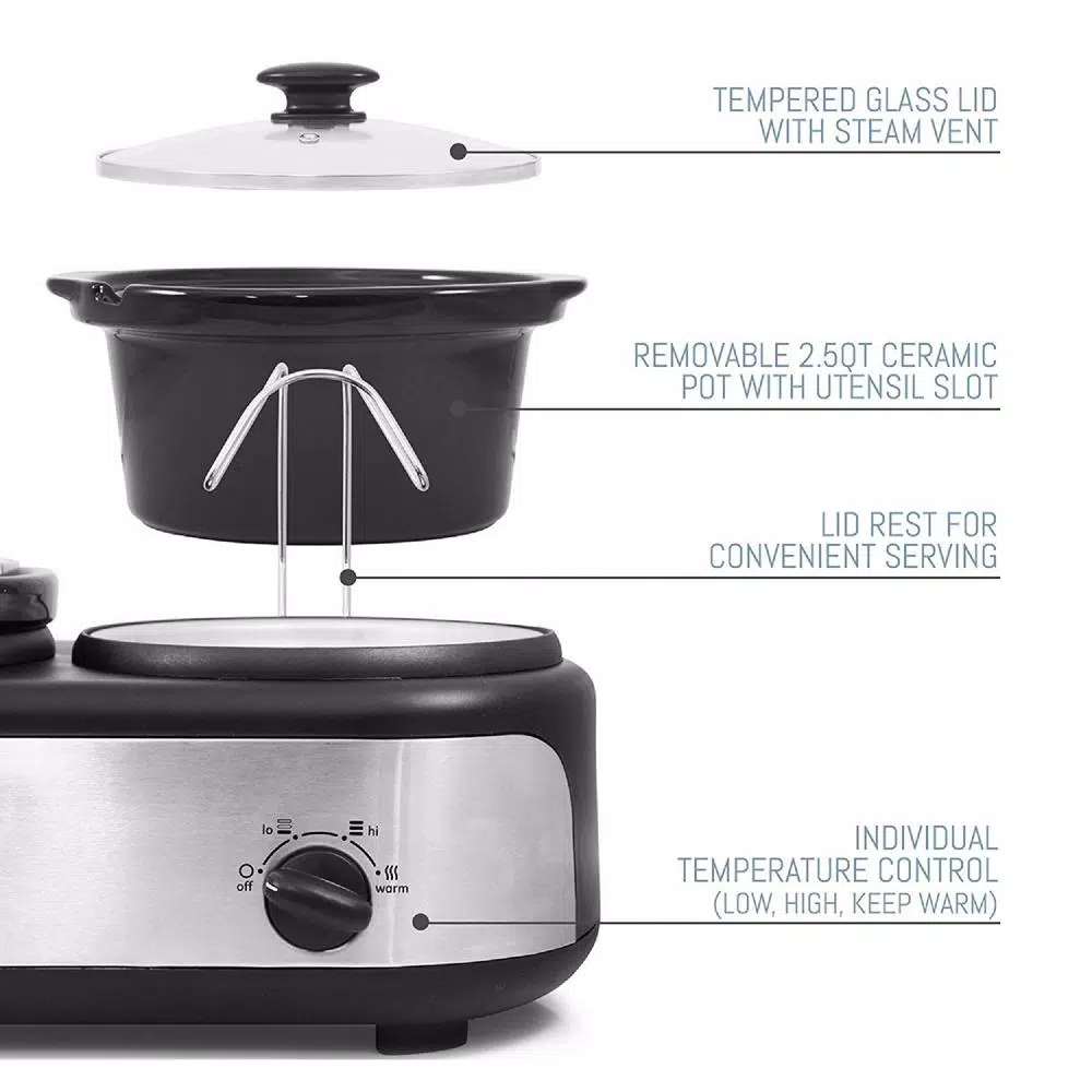 Elite Platinum 7.5 Qt. Triple Slow Cooker Buffet with 3 Stoneware Crocks and Lid Rests, Black Stainless Steel