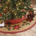 VHC Brands 50 in. Poinsettia Natural Tan Jute Tree Skirt with Holly Berry Red and Forest Green Stencil thumbnail 3