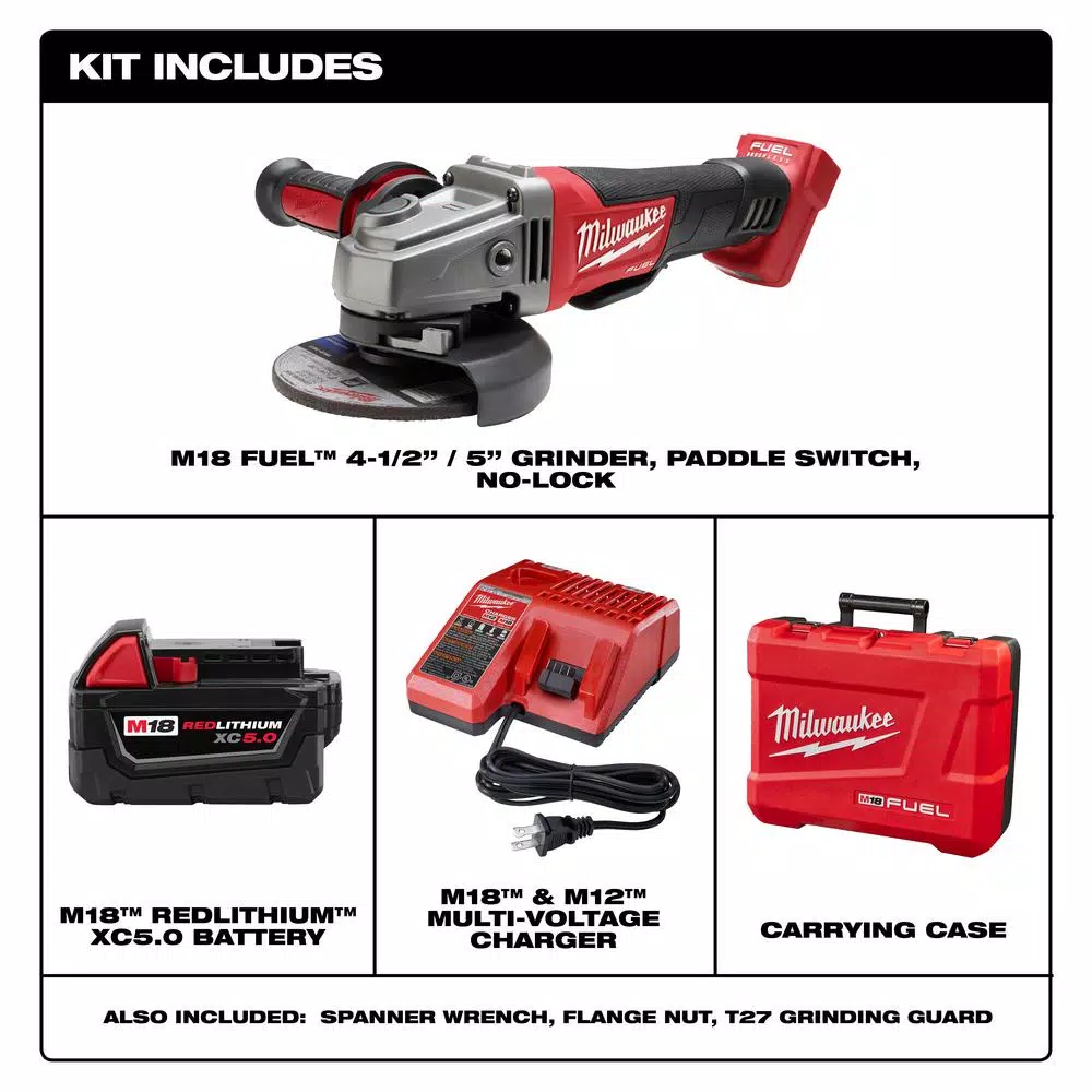 Milwaukee M18 FUEL 4-1/2 in./5 in. Brushless Cordless Angle Grinder Kit with 5.0 Ah Battery and Charger