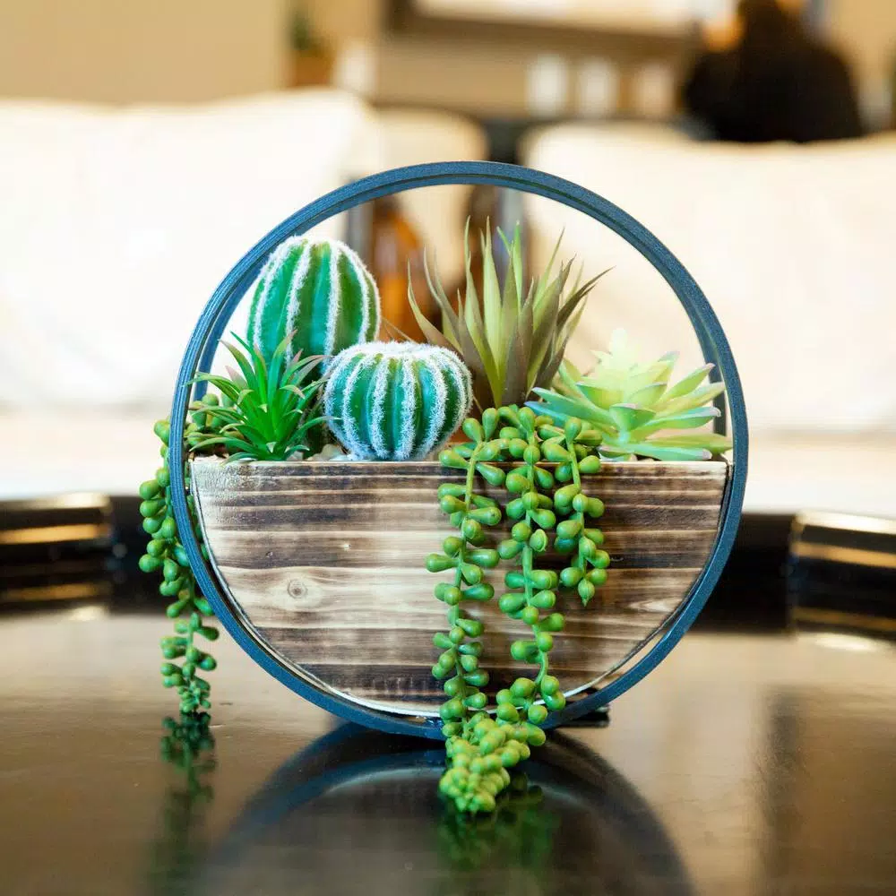 Flora Bunda 11 in. Round Wood and Metal Faux Succulent Wall Hanging Planter