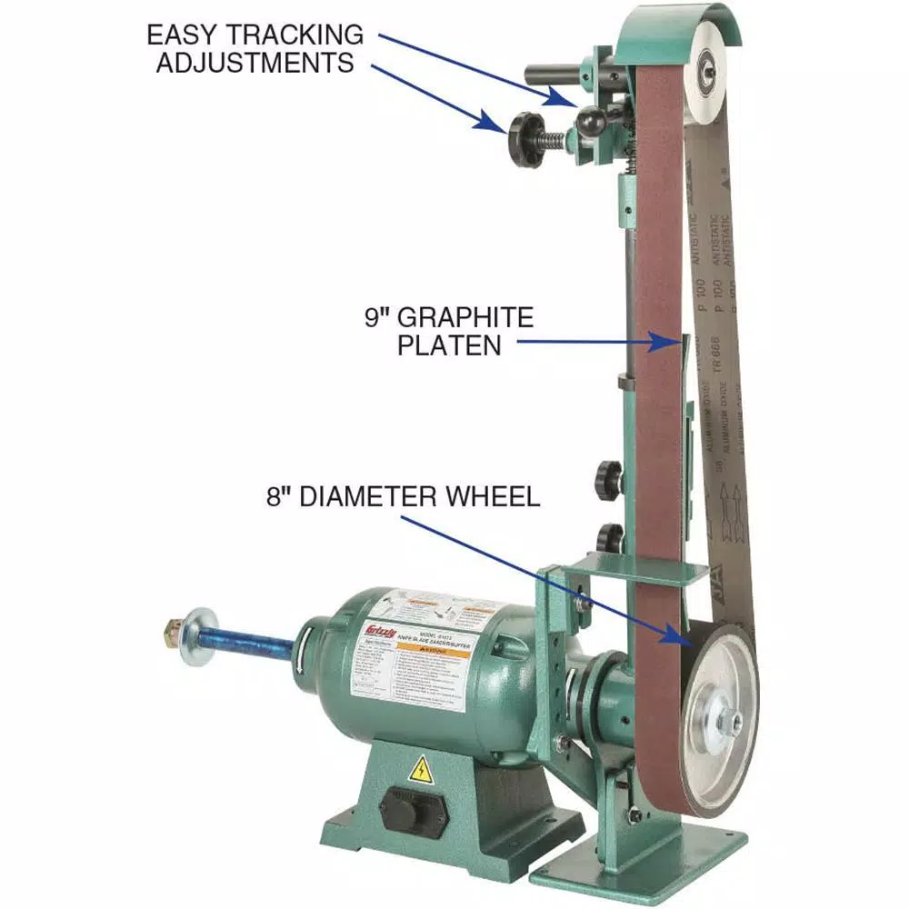 Grizzly Industrial 1 HP Belt Sander and Buffer, 110V Woodworking Knife Grinder with Quick-Release Mechanism