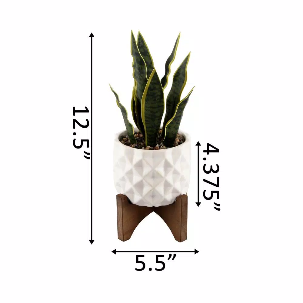 Flora Bunda 12.5 in. Faux Snake Plant in White Dimple Pattern Ceramic Pot with Wood Stand
