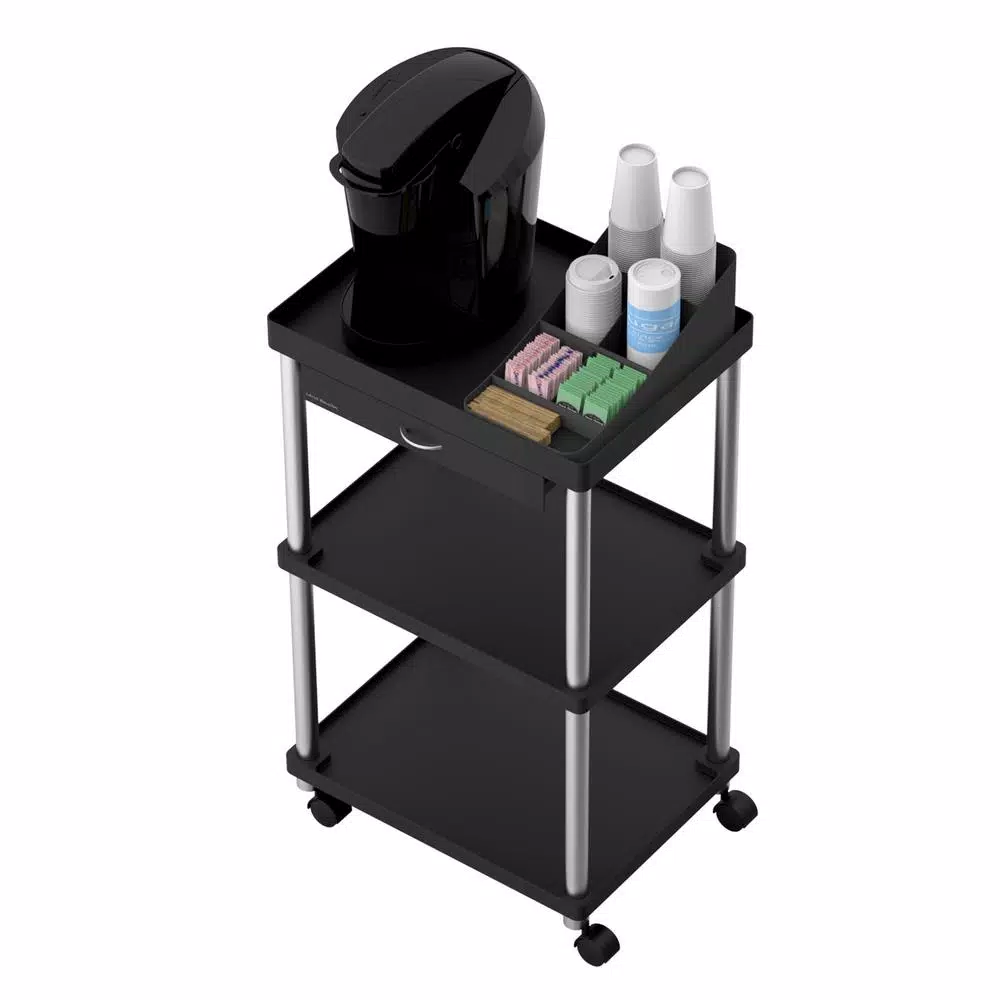 Mind Reader 3-Tier 7-Compartment Rolling Black Coffee Cart with Storage Drawer