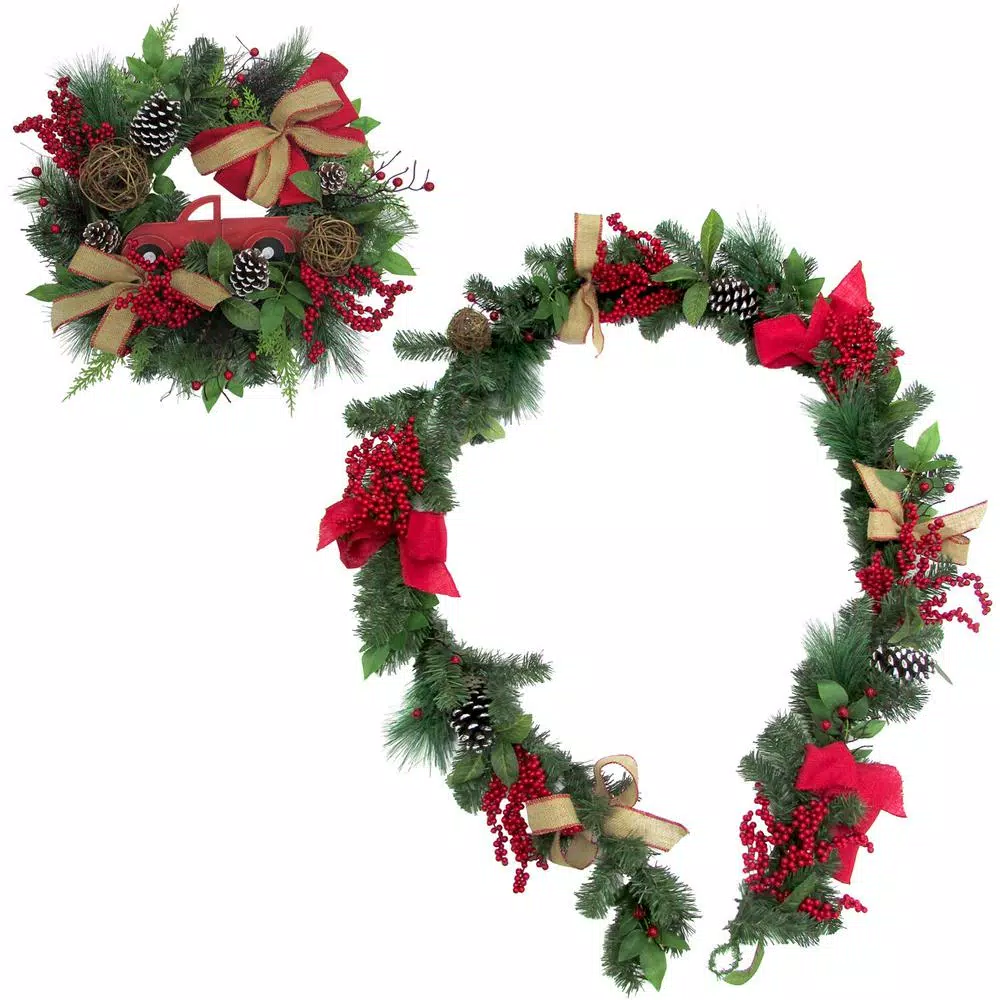Fraser Hill Farm 24 in. Artificial Christmas Wreath and 9 ft. Garland Set with Red Truck, Berries, and Pinecones