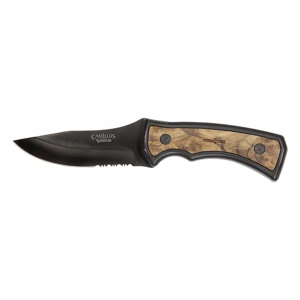 Camillus Mountaineer 4 in. Carbonitride Titanium Drop Point Fixed Blade Knife with Burlwood Accent Handle