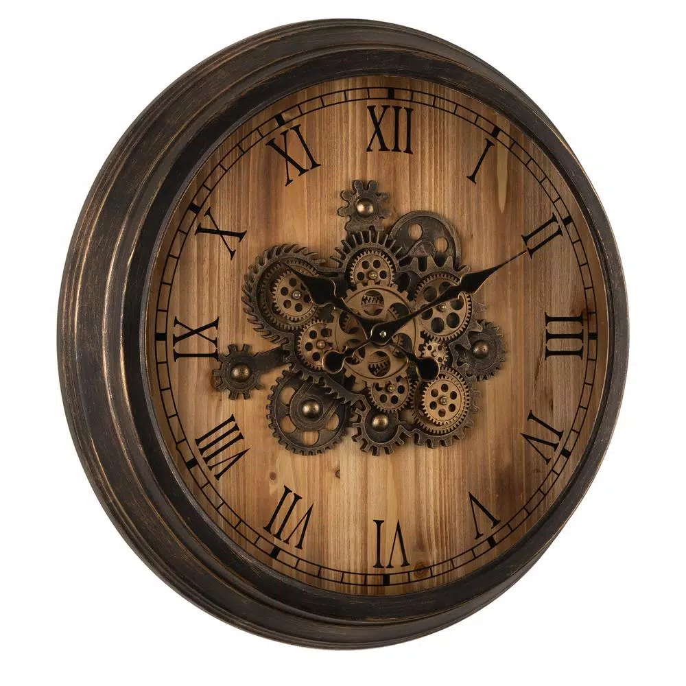 Glitzhome 27.76 in. Vintage Industrial Oversized Wall Clock with Moving Gears and Roman Numerals