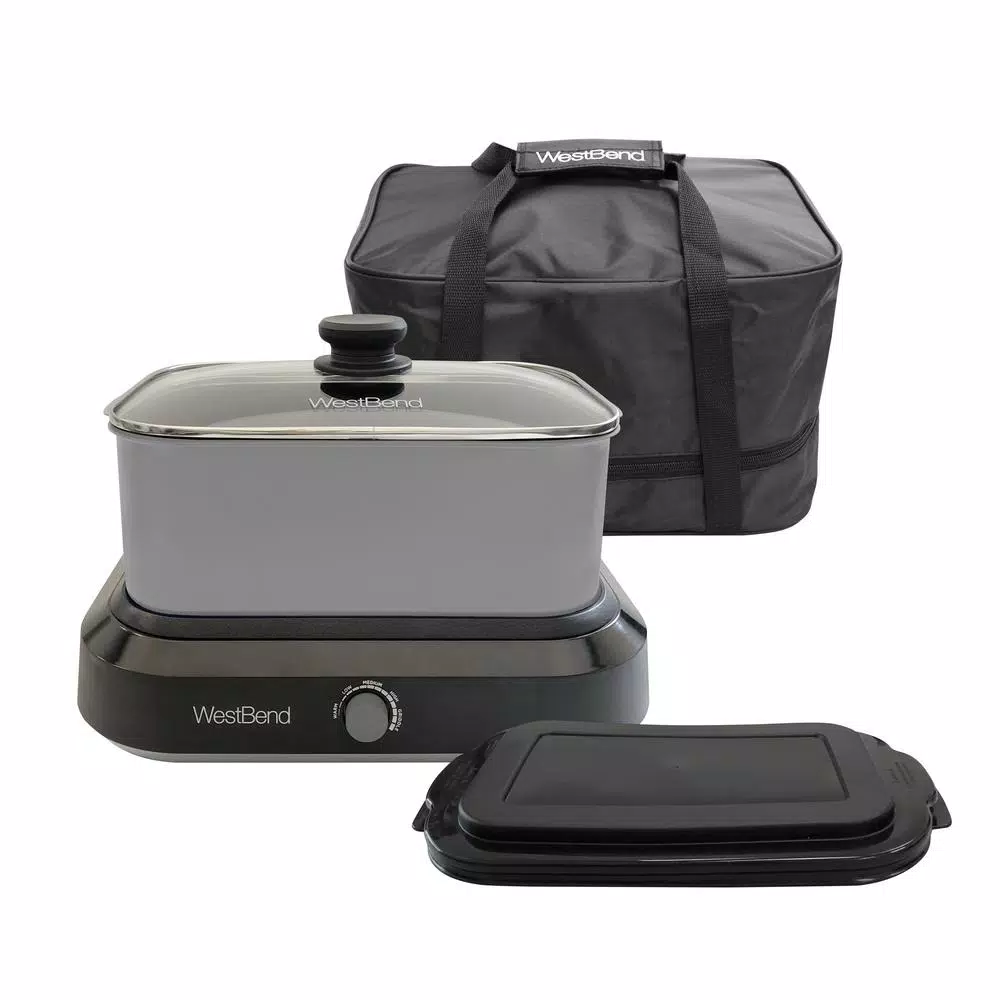 West Bend 5 Qt. Silver Non-Stick Versatility Slow Cooker with Griddle Base, Travel Lid and Thermal Tote