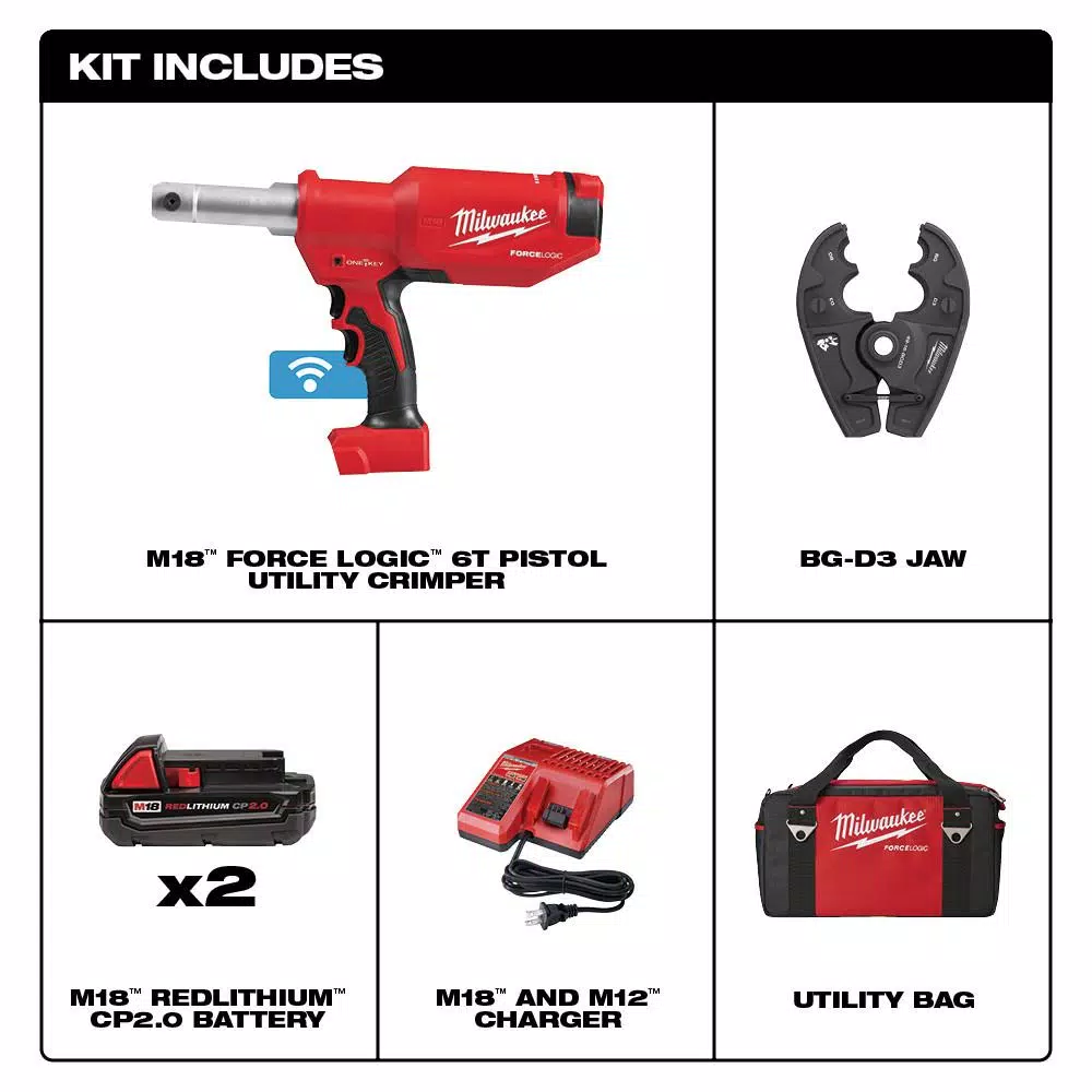 Milwaukee M18 FORCE LOGIC 6-Ton Pistol Utility Crimping Kit with BG-D3 Jaws and 2 Batteries