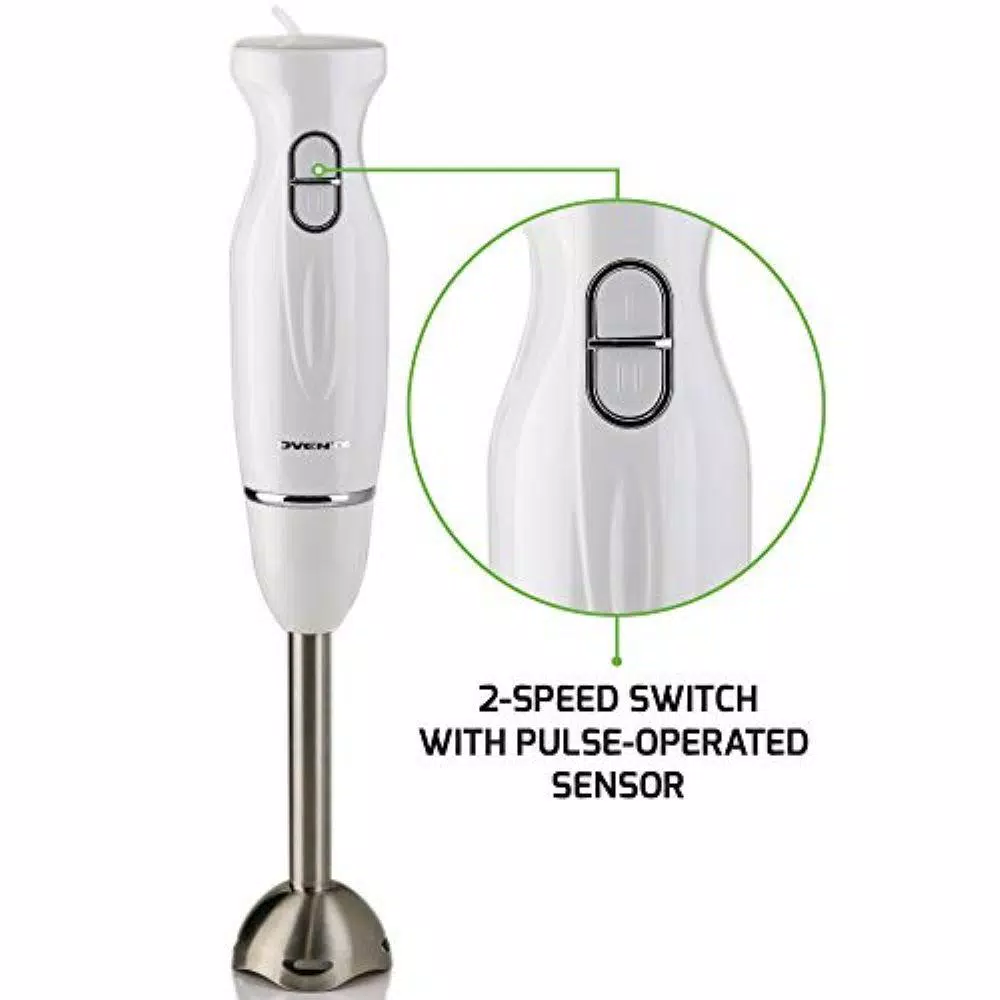 Ovente HS560 300W Immersion Hand Blender, 2-Speed Stainless Steel Stick Mixer, White