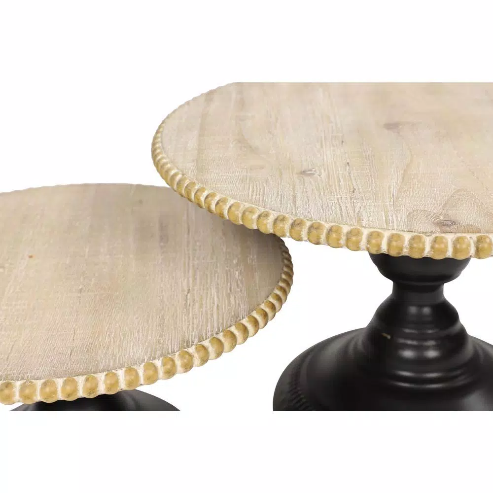LITTON LANE Natural Beige Chinese Fir Wood and Black Iron Round Decorative Tray Stands Set of 2