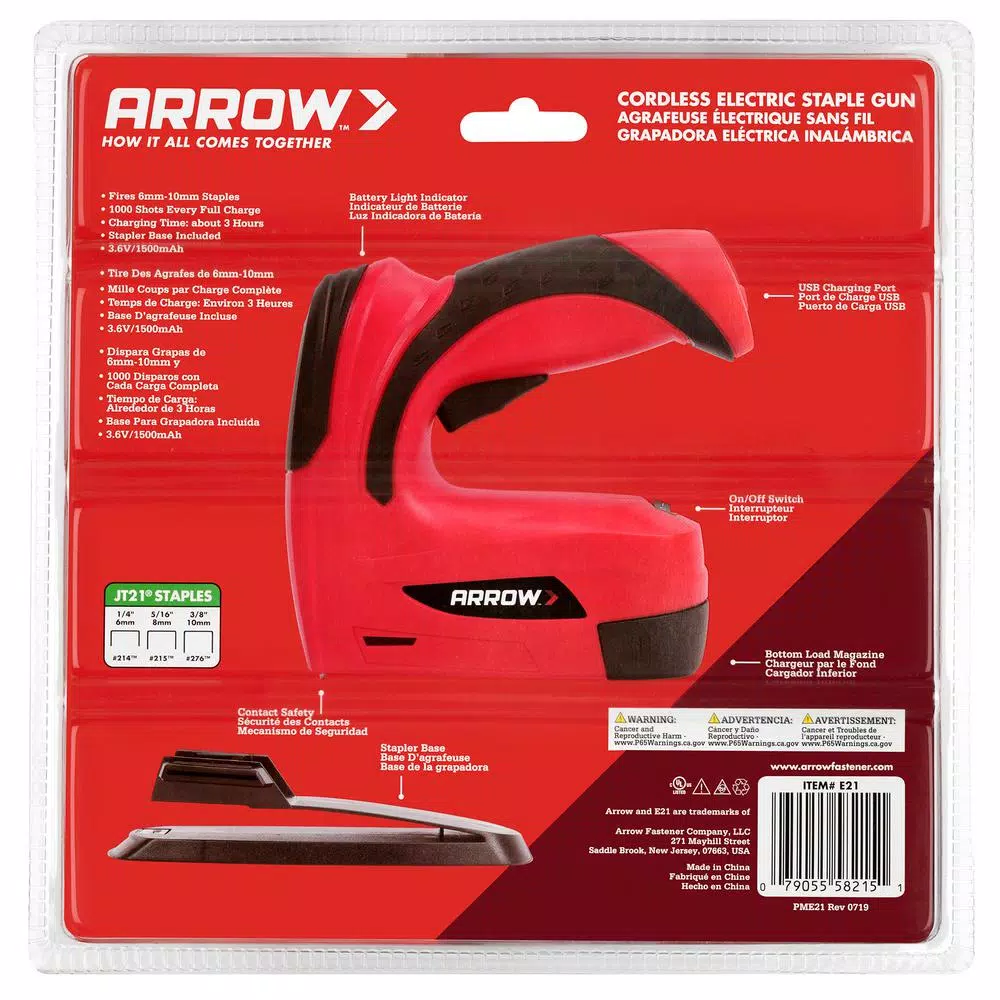 Arrow E21 Cordless Electric Staple Gun, JT21 Staple Compatible, USB Rechargeable