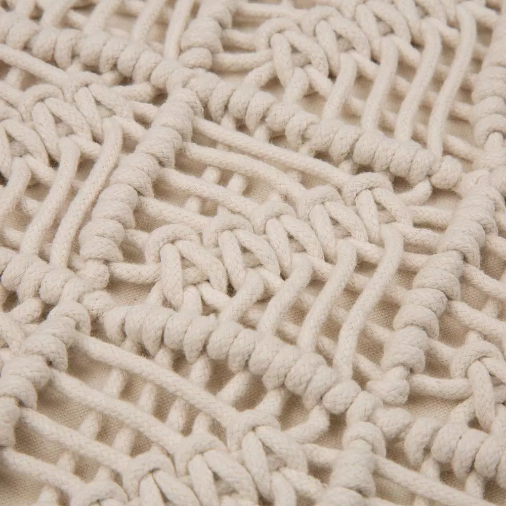 Glitzhome 18x18 Ivory Hollow-Carved Handmade Cotton Rope Pillow Cover with Tassels