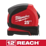 Milwaukee 25 ft. Compact Tape Measure with Nylon Blade Protection and 5-Point Reinforced Frame thumbnail 1