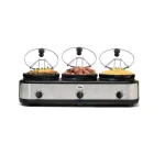Elite Platinum 7.5 Qt. Triple Slow Cooker Buffet with 3 Stoneware Crocks and Lid Rests, Black Stainless Steel thumbnail 1