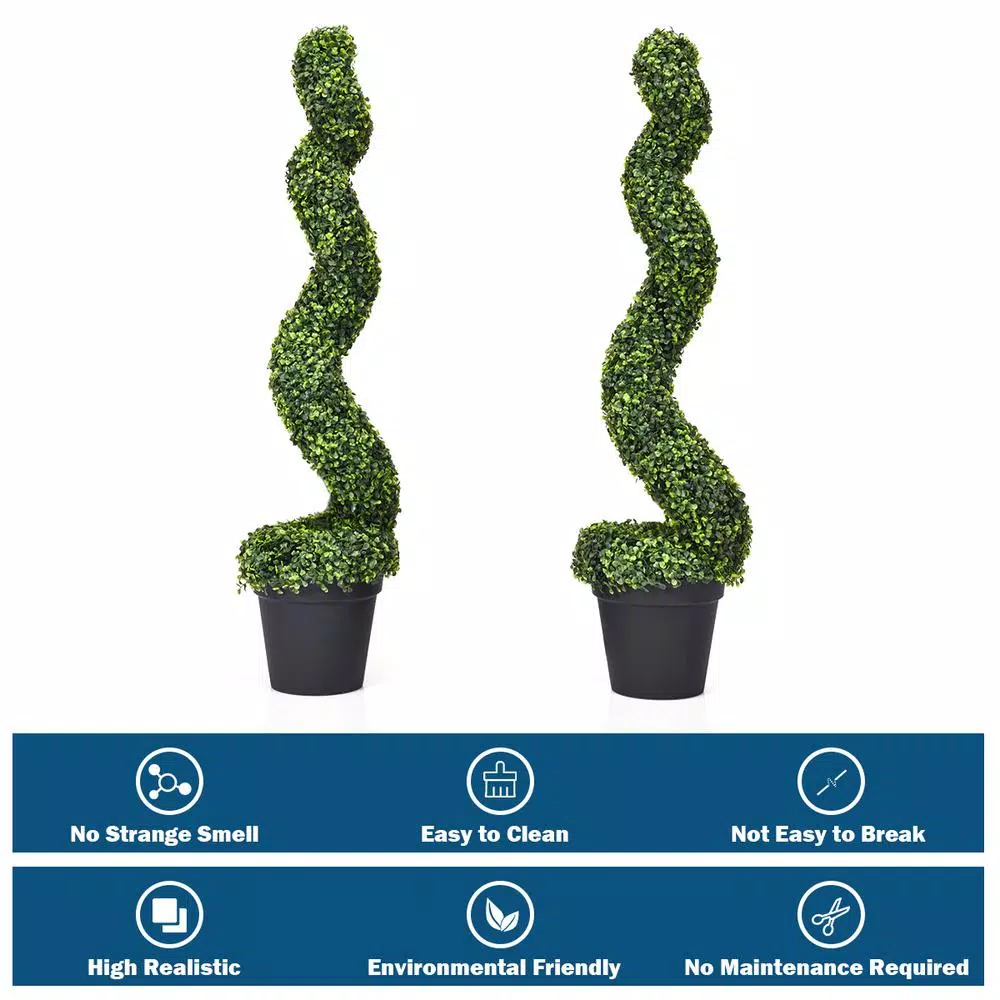 Costway Artificial Boxwood Spiral Topiary Tree Set of 2 - Indoor/Outdoor Decorative Plants with Cement Pot