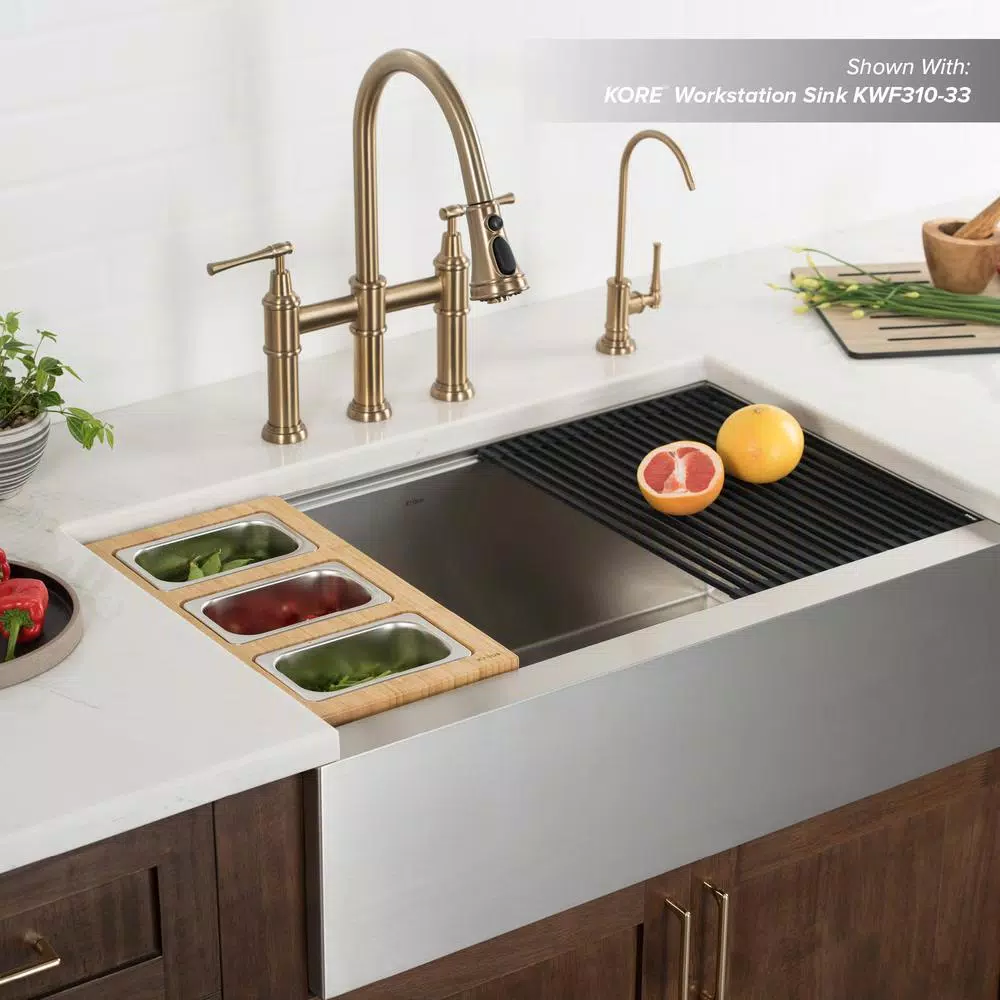 KRAUS Workstation Kitchen Sink Accessory Set: Bamboo Serving Board & 3 Stainless Steel Prep Bowls