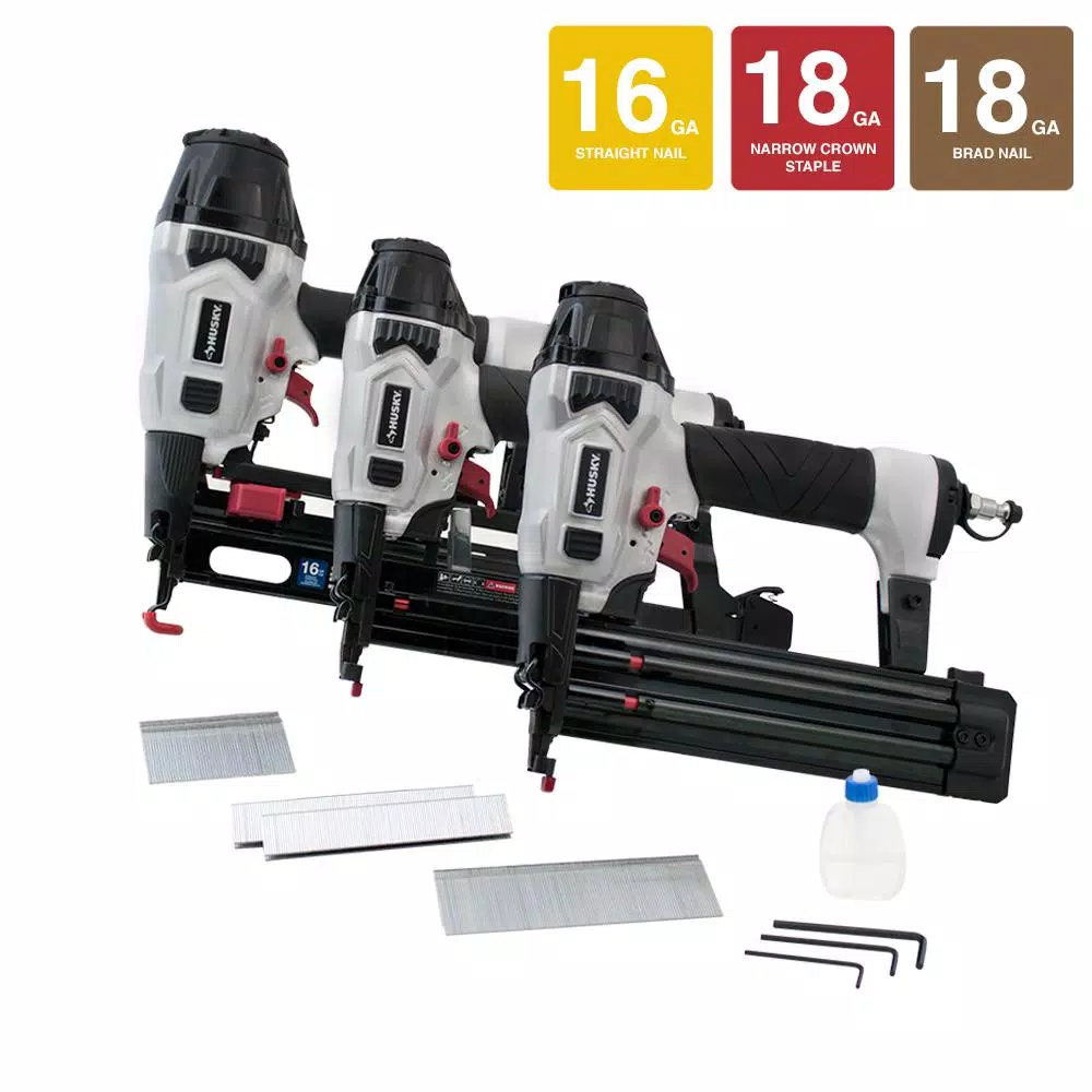 Husky 3-Piece Air Finish Nailer Kit with 16-Gauge Nailer, 18-Gauge Brad Nailer and 18-Gauge Stapler