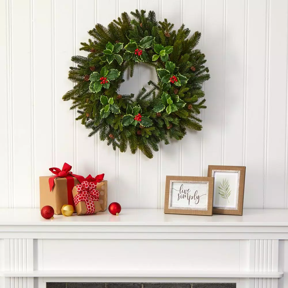 Nearly Natural 22 in. Pine and Variegated Holly Artificial Wreath with Pine Cones and Berries