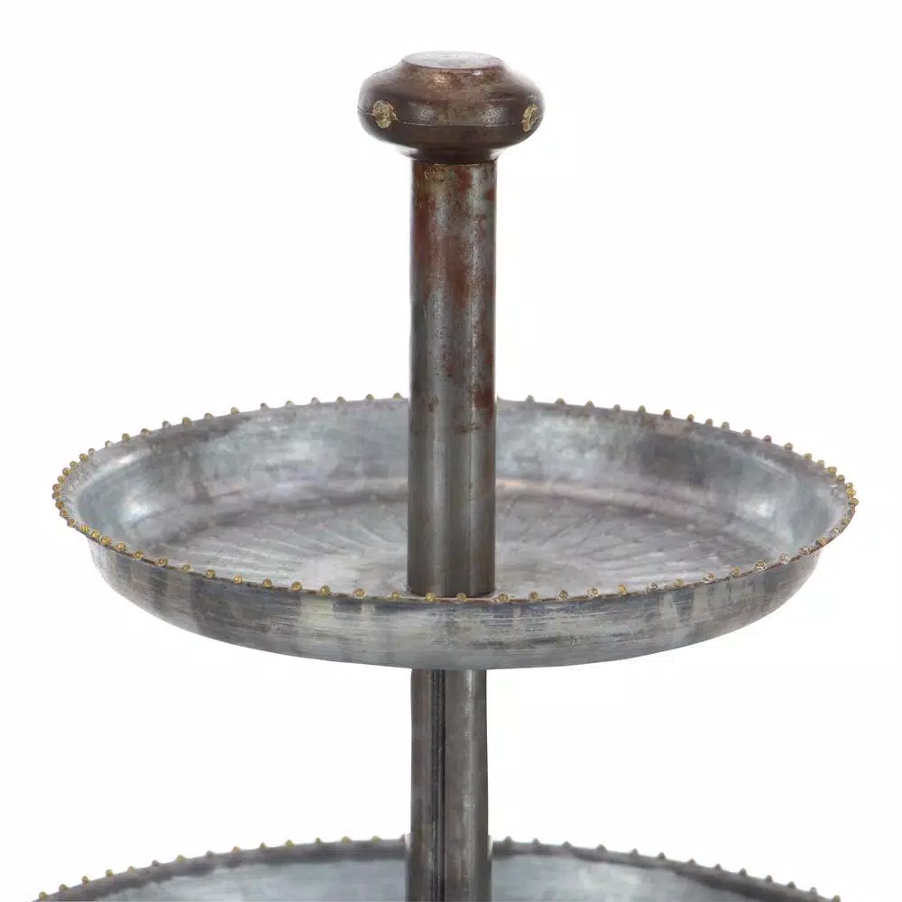 LITTON LANE 3-Tier Farmhouse Iron Cake Stand, Galvanized Gray Metallic Finish