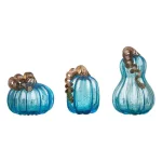 Glitzhome Set of 3 Blue Hand-Blown Glass Pumpkins - Decorative Tabletop Autumn Ornament thumbnail 1