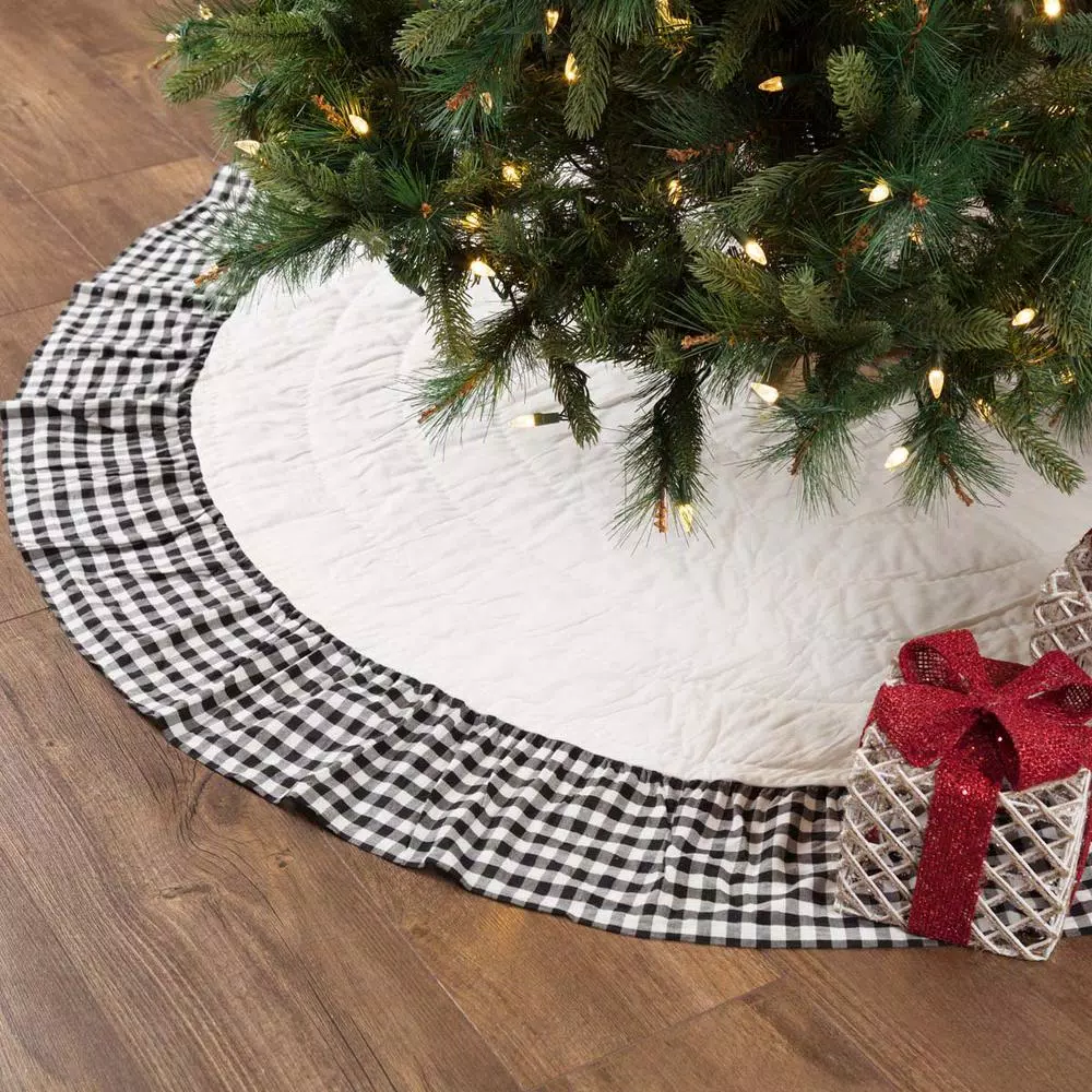 VHC Brands Emmie 60 in. Black and White Farmhouse Christmas Ruffled Tree Skirt