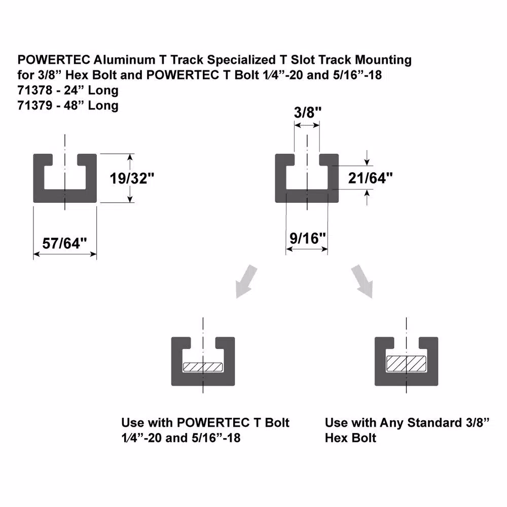 POWERTEC 24 in. Heavy-Duty Aluminum T-Track for 3/8 in. Hex Bolts and T-Bolts