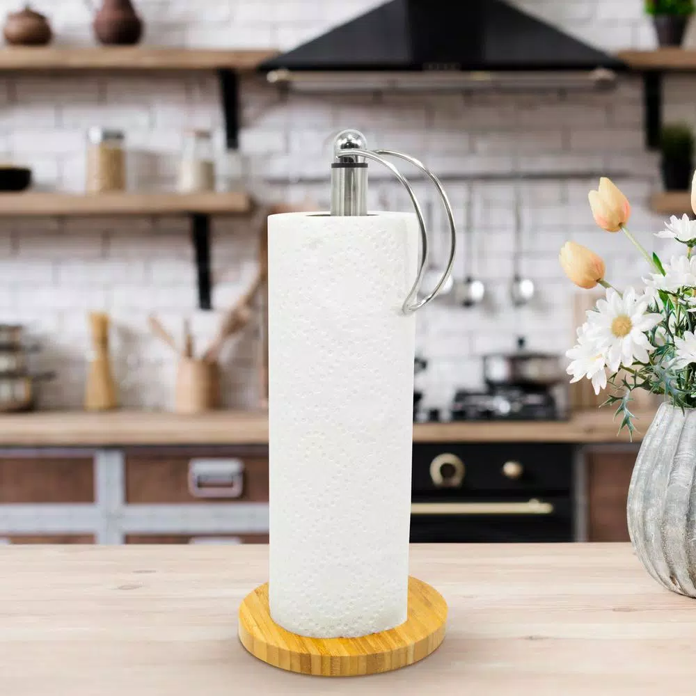ExcelSteel Stainless Steel Paper Towel Holder with Durable Bamboo Base