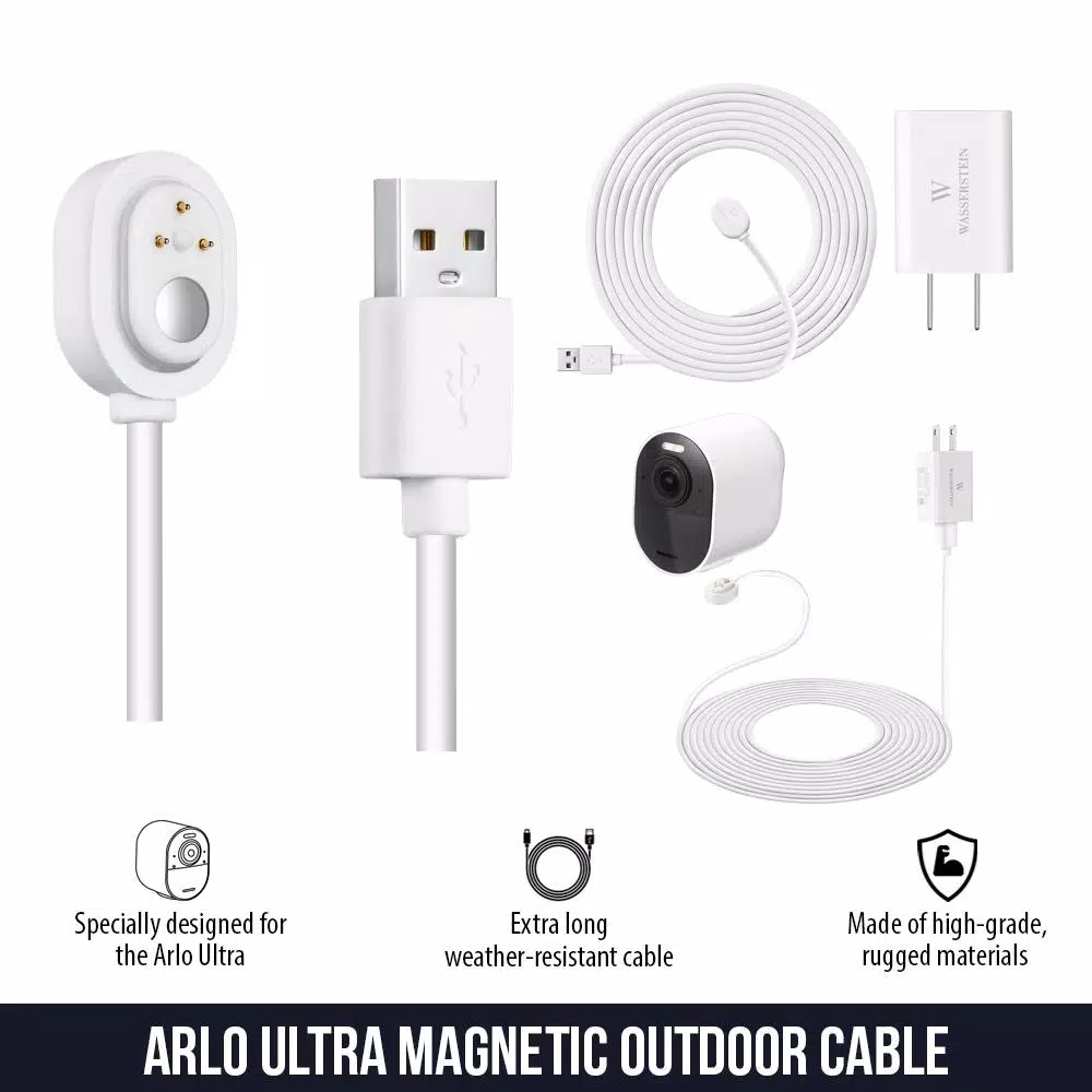 Wasserstein 25ft Magnetic Charging Cable & Quick Charge Adapter for Arlo Ultra 2, Pro 4, Pro 3 & Floodlight (2-Pack)