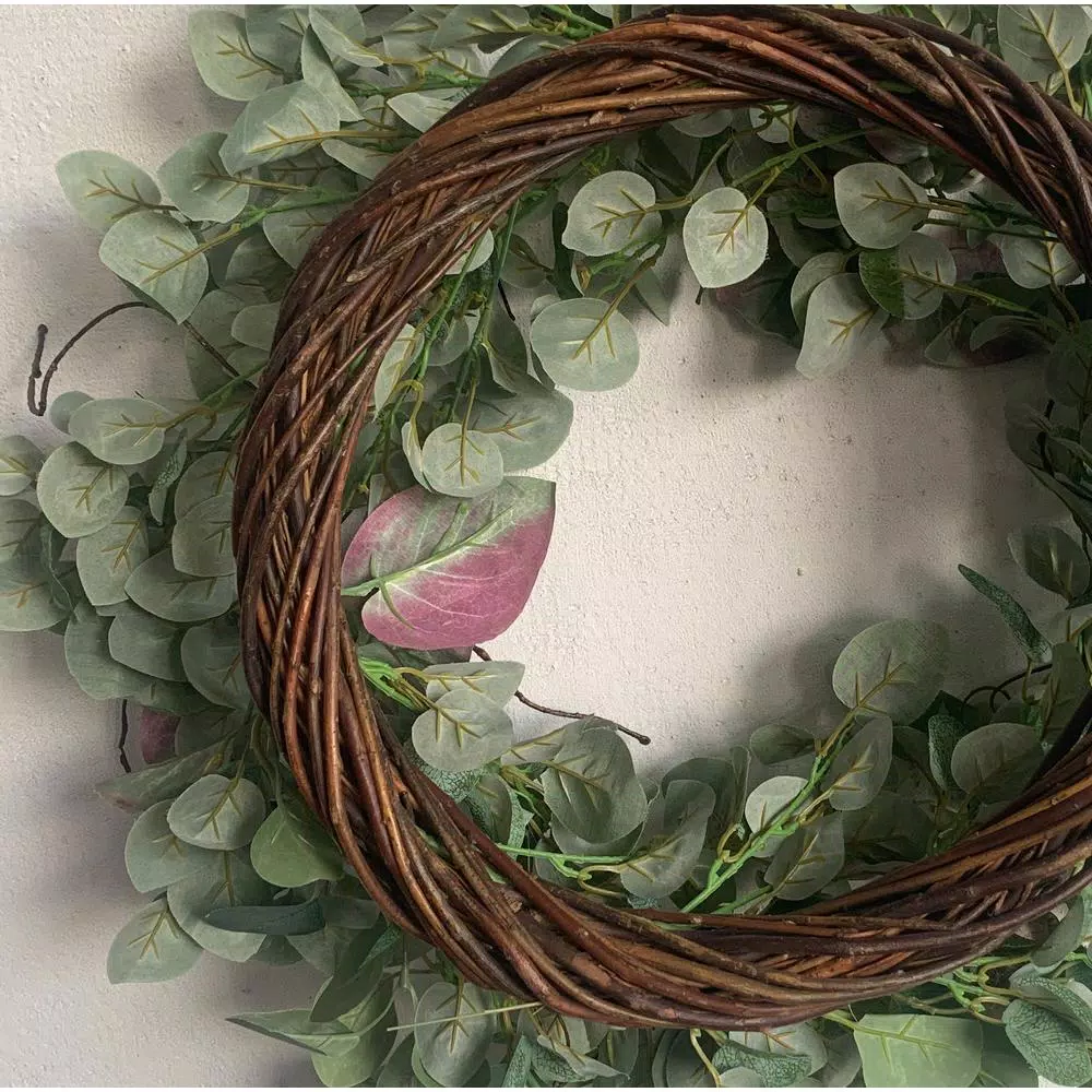 Glitzhome 24 in. Green Artificial Eucalyptus Wreath with Frosted Leaves and Grapevine Base