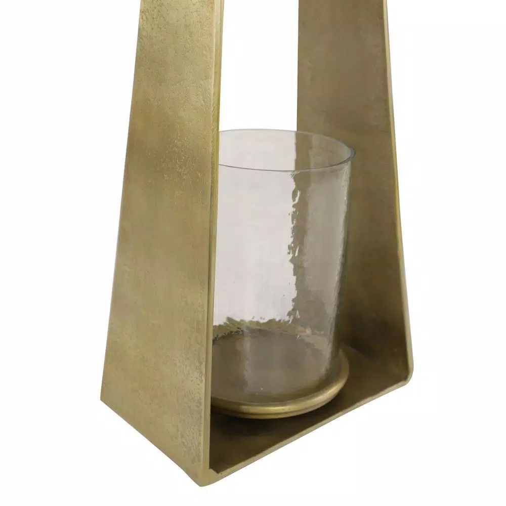 LITTON LANE Large Gold Metal Candle Lantern with Textured Hurricane Glass, 23.5 in