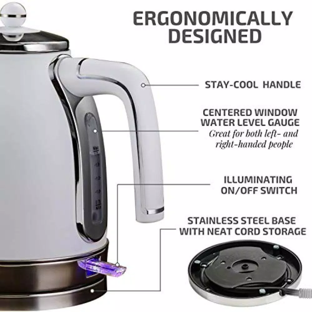 Ovente KS777 1.7L Electric Kettle, 1500W Stainless Steel Water Boiler with Auto Shut-Off and Removable Filter, White