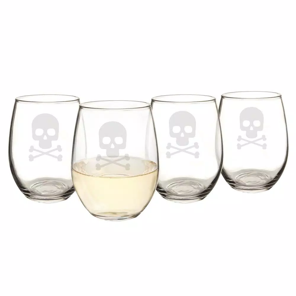 Cathy's Concepts Skull & Crossbones 21 oz. Stemless Wine Glasses, Set of 4, Clear Glass