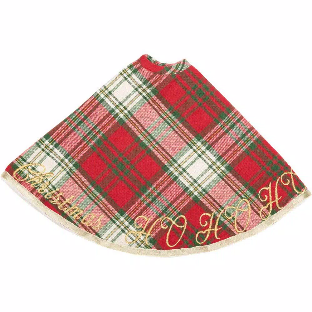 VHC Brands 21 in. HO Holiday Cherry Red Plaid Cotton Christmas Tree Skirt with Gold Embroidery