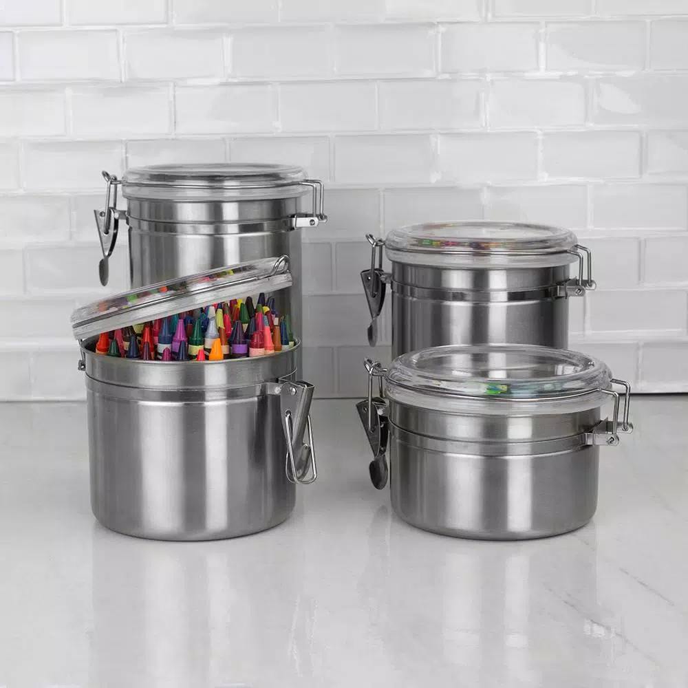 Home Basics Stainless Steel 4-Piece Canister Set with Airtight Translucent Lids