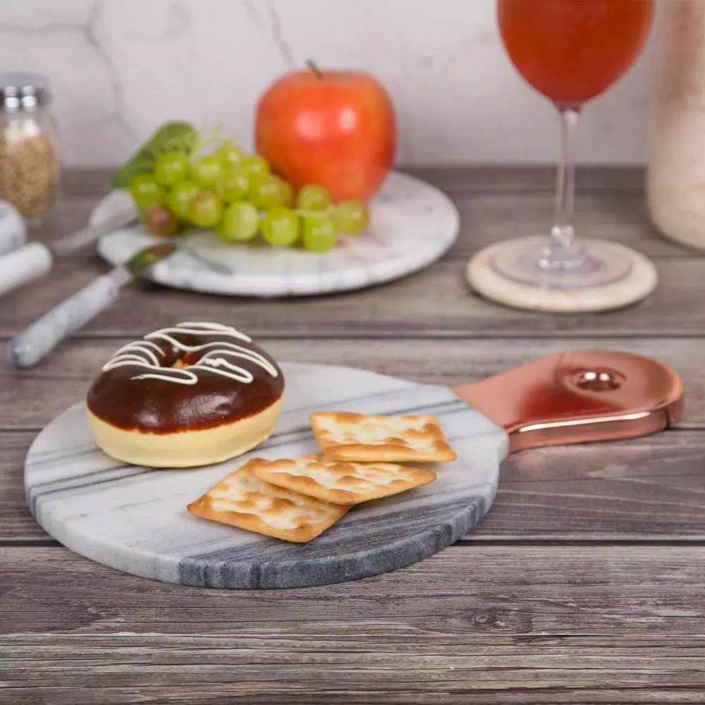 Creative Home Natural White Marble Cheese Serving Board with Stainless Steel Copper Trim Handle, 12.2 x 8 in.